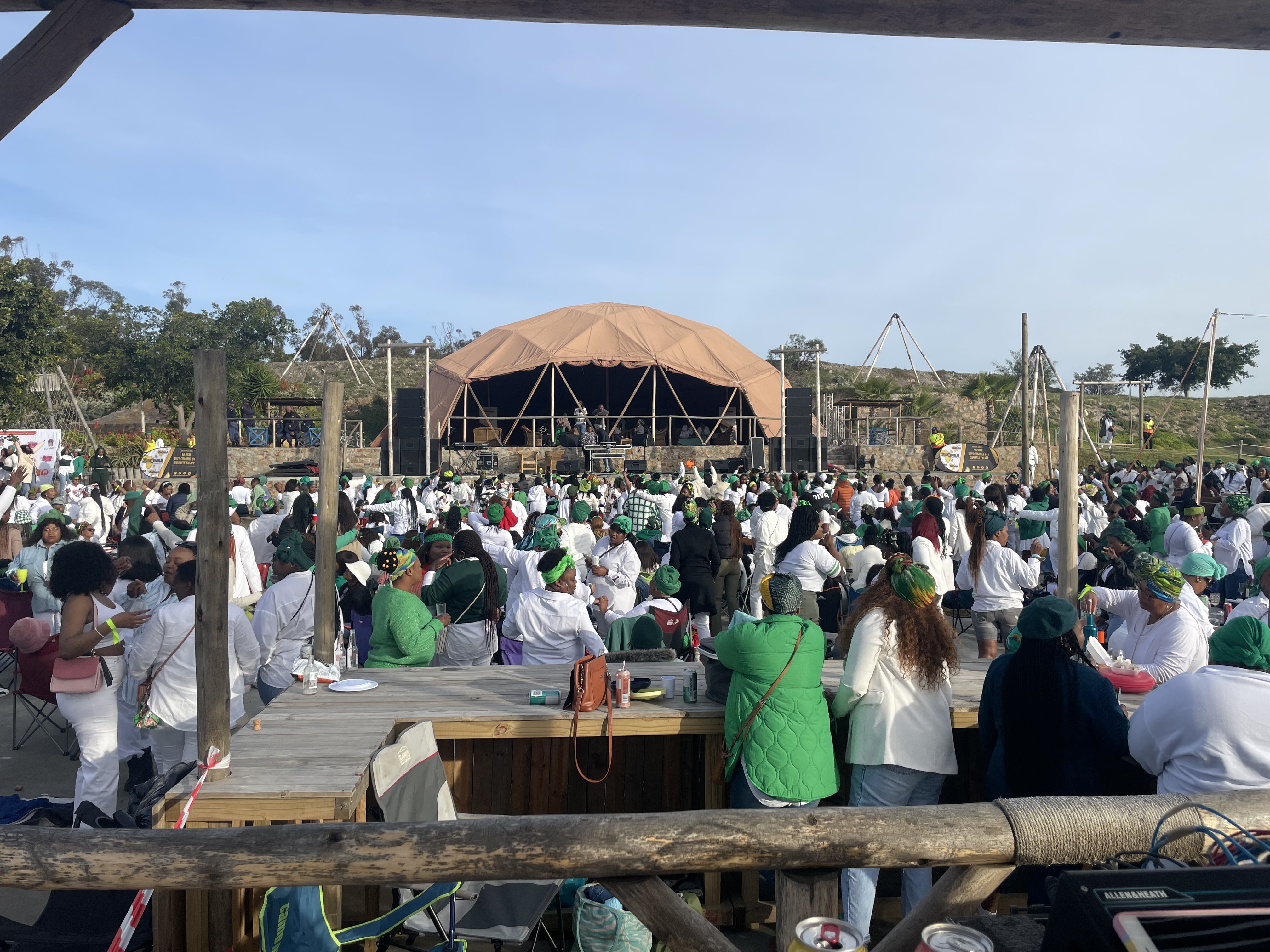 Corporate outdoor event audio rig deployed